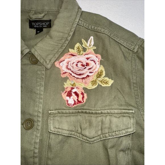 Topshop Floral Embroidered Patch Jacket Women's 6 Army Green Twill - Picture 3 of 12